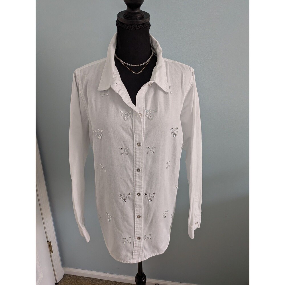 Joan Rivers Embellished Denim Shirt Women's 1X White Rhinestone Flowers Cowboy